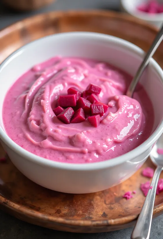 Probiotikus céklás joghurt pohárban, élénk rózsaszín árnyalatú, sűrű és krémes textúrával