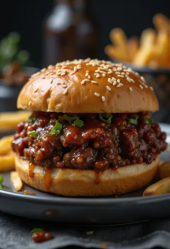 BBQ szósszal készült Sloppy Joe szendvics, gazdagon elhelyezett darálthúsos töltelékkel