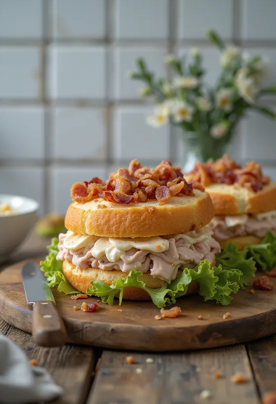 Smörgåstårta pulykamell és bacon töltelékkel, salátával díszítve