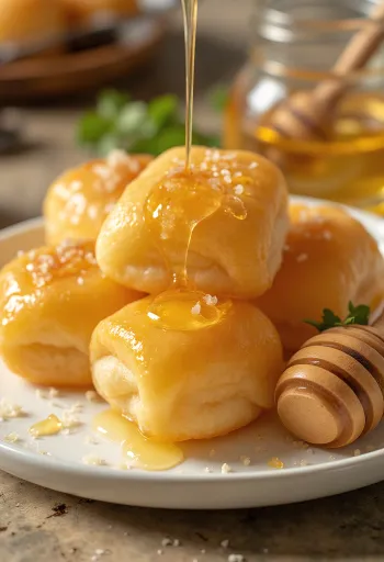 Gluténmentes sopaipilla tejföllel és mézzel, tálalva