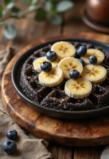 Szuperfood gofri chiamaggal, quinoával, banánnal, áfonyával és mandulával tálalva