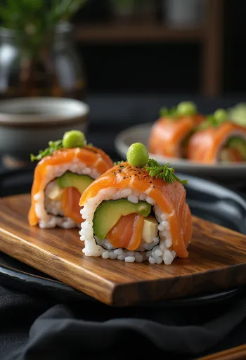 Temaki lazaccal, sushi tölcsér, friss lazac, avokádó és wasabi