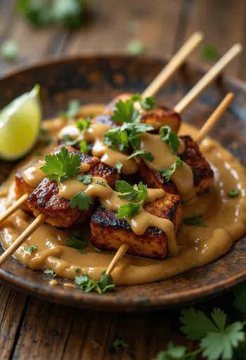 Tempeh satay mogyorószósszal, grillen sült tempeh nyárs mogyorószósszal tálalva
