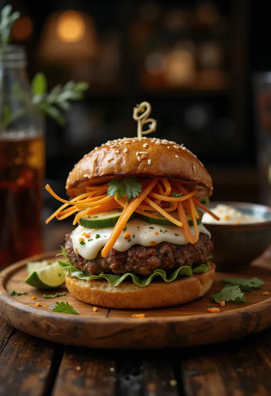 Thai fűszeres burger tálalva