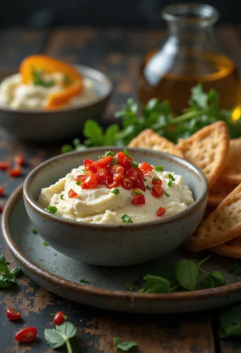 Tirokafteri vegán változatban, gazdag vegán sajtkrém tálalva pita kenyérrel és zöldségekkel