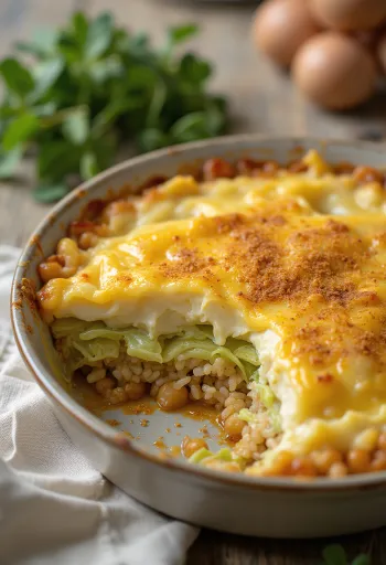 Vegán rakott kelkáposzta tálalva