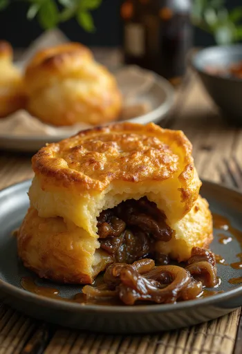 Yorkshire pudding karamellizált hagymával töltve, ropogós szélű angol köretként tálalva