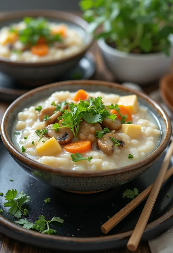 Zöldséges Congee tálalva, friss korianderrel és tofu darabokkal