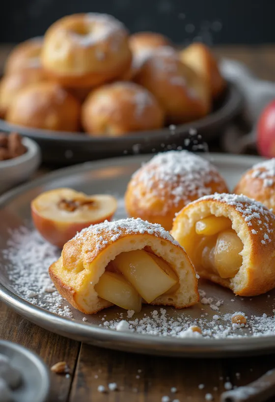 Æbleskiver almás fahéjas töltelékkel, aranybarnára sütve, porcukorral meghintve