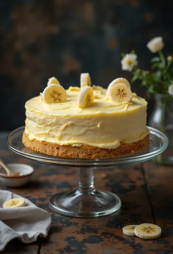 Banános tejszínkrém torta banánszeletekkel díszítve