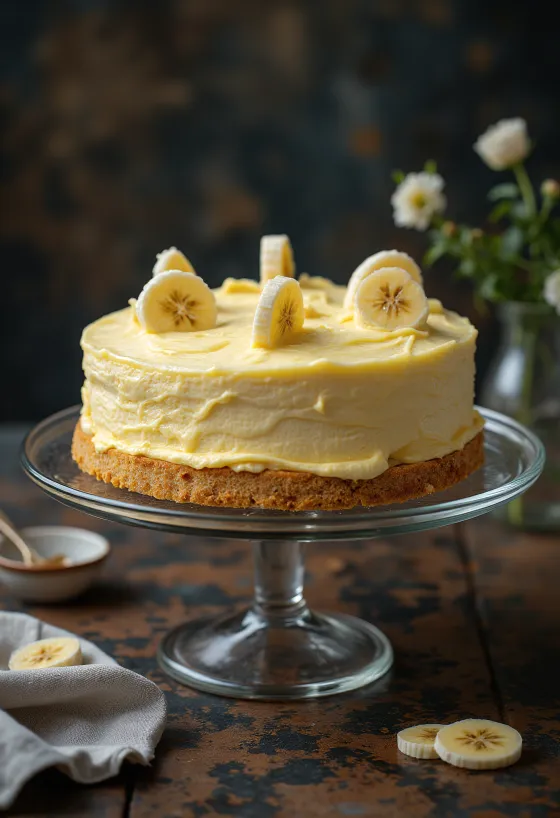 Banános tejszínkrém torta banánszeletekkel díszítve