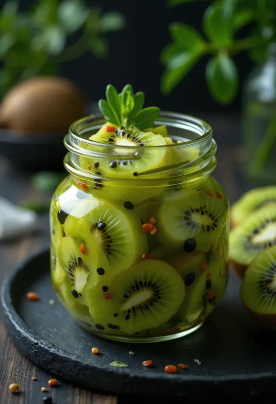 Csípős savanyított kiwi üvegben tálalva