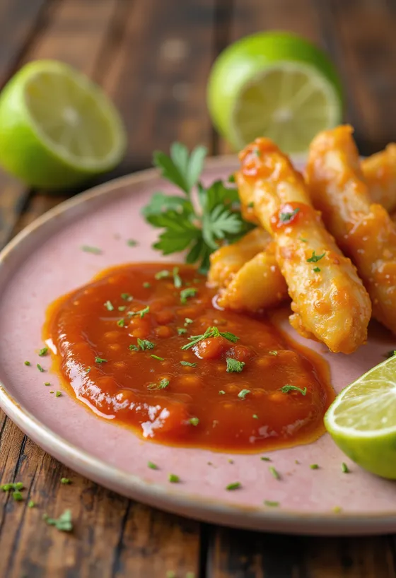 Currys gyömbéres lime barbecue szósz tálalva