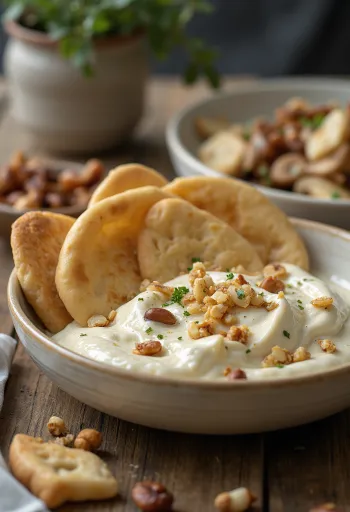 Fatteh tahinivel, pirított pita darabokkal, csicseriborsóval, tahinis joghurttal és pörkölt fenyőmaggal.