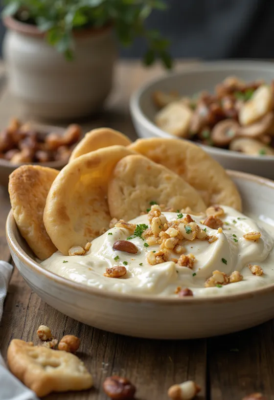 Fatteh tahinivel, pirított pita darabokkal, csicseriborsóval, tahinis joghurttal és pörkölt fenyőmaggal.