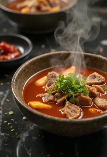 Fokhagymás Yukgaejang tálalva friss korianderrel