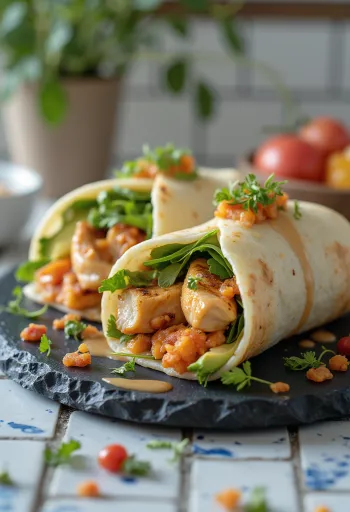 Fúziós wrap kimchivel, avokádóval, grillezett csirkével és sült paprikával töltve