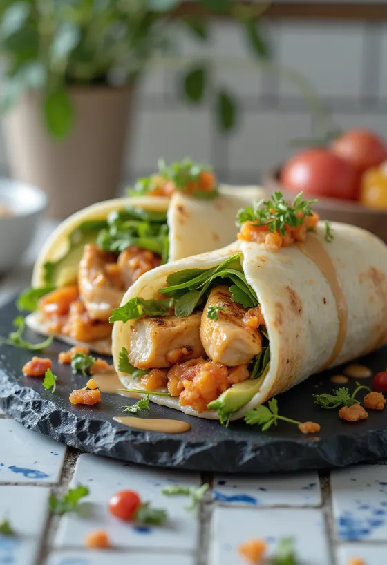 Fúziós wrap kimchivel, avokádóval, grillezett csirkével és sült paprikával töltve