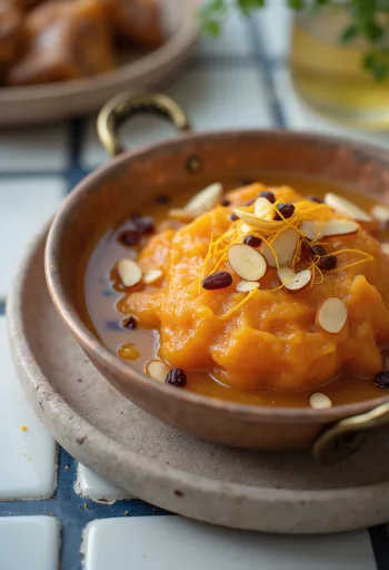 Gajar ka halwa sáfránnyal, mandulával és mazsolával tálalva