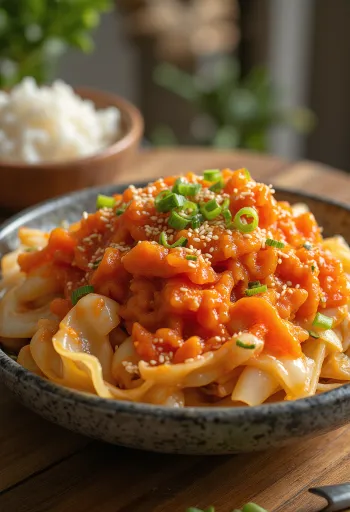 Frissen készült geotjeori, koreai kimchi, fokhagymás és friss snidling díszítéssel