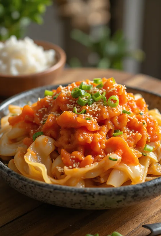 Frissen készült geotjeori, koreai kimchi, fokhagymás és friss snidling díszítéssel