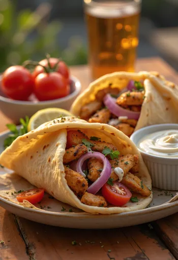 Frissen sült gyros hús pitában, zöldségekkel és joghurtos öntettel tálalva.