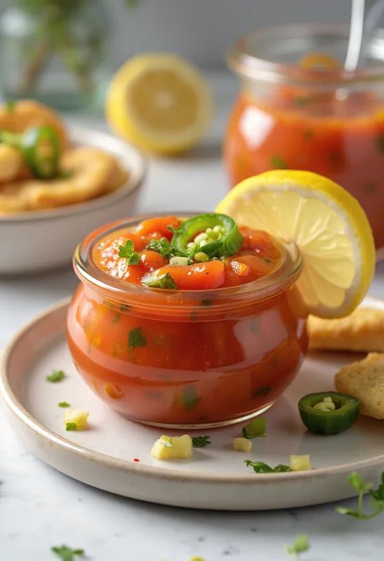 Jalapeños citromos paradicsomszósz üvegben, grillezett ételek mellé tálalva