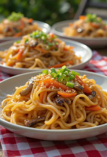 Japchae csípős változat tálalva, édesburgonya tésztával és zöldségekkel