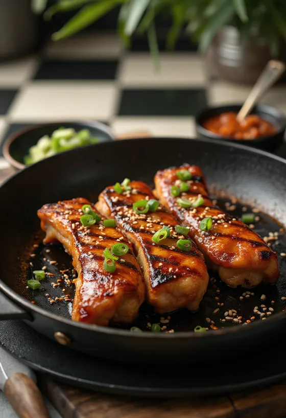 Kimchi\'s Galbi sült marhahússzeletek, díszítve zöldhagymával és szezámmaggal