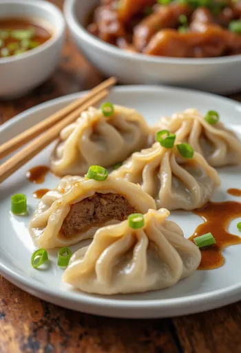 Kínai pekingi kacsás jiaozi főzve, fehér tányéron, látható kacsatöltelékkel