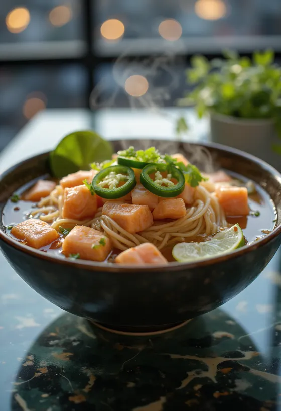 Lomi salmon chili, friss lazac filé és rizstészta egy fűszeres hallevesben