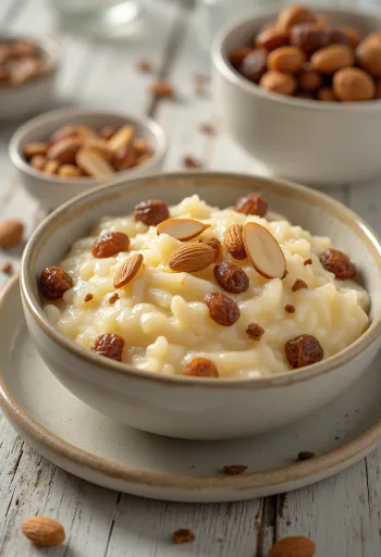 Mazsolás kheer rizs puding mazsolával és mandulával díszítve
