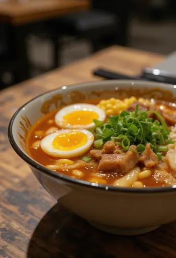 Miso ramen darált hússal, főtt tojással és zöldségekkel