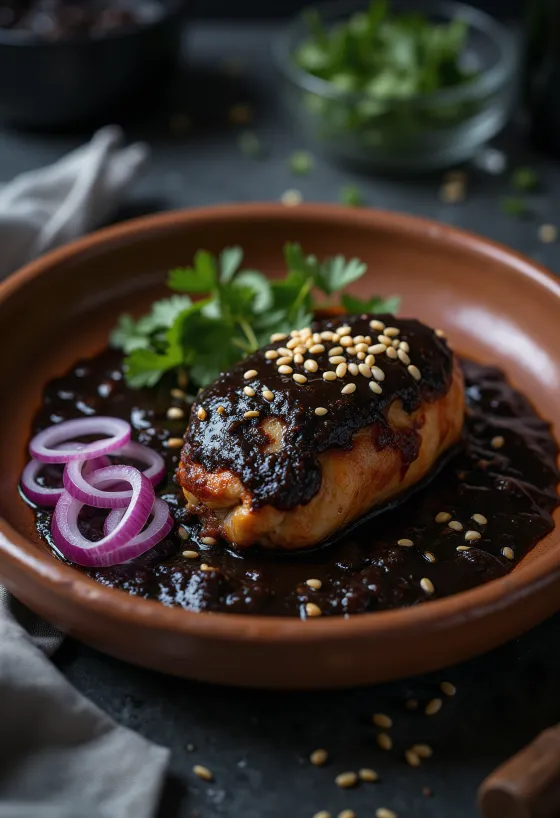 Mole Negro mexikói csirke csokoládéval és gazdag szószban tálalva