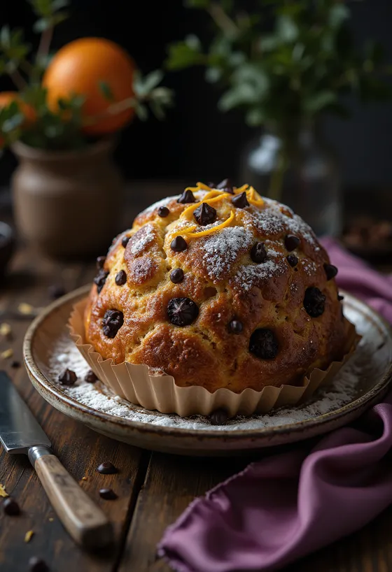 Panettone csokoládéval, tálalva egy szép tányéron