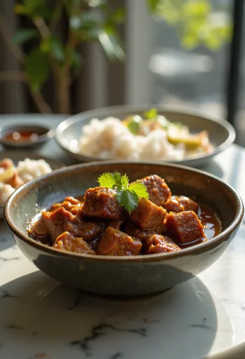 Rendang Santan sűrű szósszal, marhahús darabokkal, rizs körettel tálalva