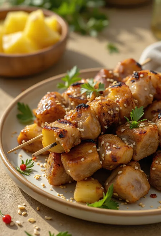 Sate kambing ananászos páccal tálalva, lime szeletekkel és szezámmaggal