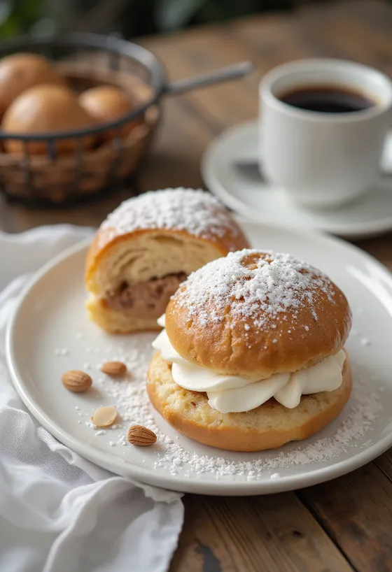 Semla fahéjas töltelékkel, svéd édesség, frissen tálalva