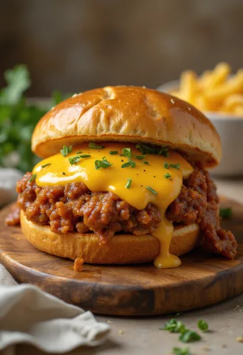 Cheddar sajttal készült Sloppy Joe szendvics, gazdagon elhelyezett darálthúsos töltelékkel