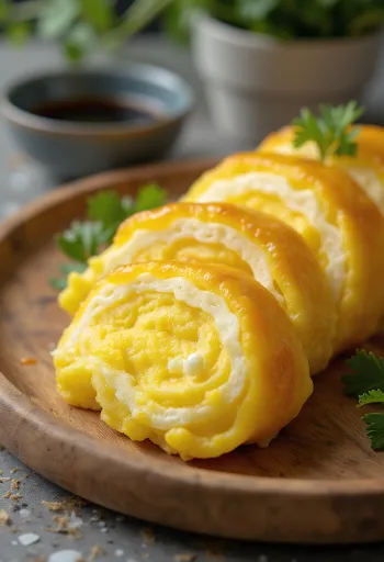 Dashimaki tamago szeletek, szójaszósszal és mirinnel tálalva