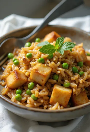 Tempeh sült rizsben, gazdag zöldségekkel és szójaszósszal tálalva