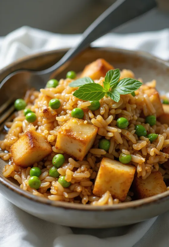 Tempeh sült rizsben, gazdag zöldségekkel és szójaszósszal tálalva