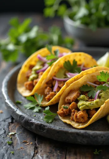 Tempeh tacos avokádóval és korianderrel, lime levével tálalva