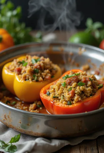 Vegán töltött paprika bulgurral tálalva