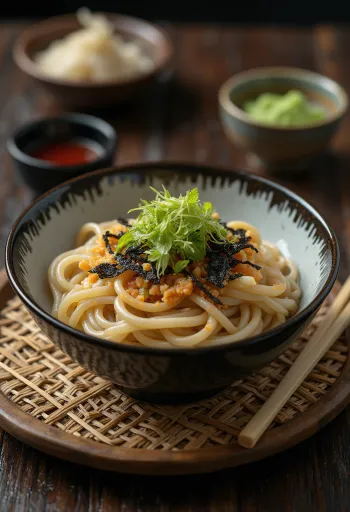 Zaru soba wasabival, friss soba tészta, szójaszósszal, lime levével és korianderrel díszítve