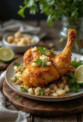 Ayam Penyet fokhagymás pácban, friss korianderrel és spenóttal tálalva