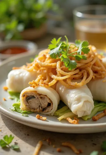Bánh cuốn sült hagymával és korianderrel, tálalva vietnami stílusban