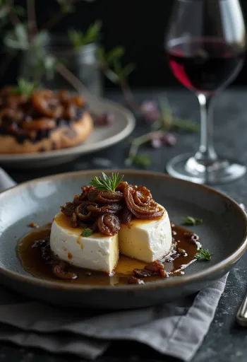 Burrata sült hagymával, friss bazsalikommal tálalva