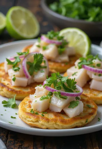 Ceviche pancake friss tengeri hallal és avokádóval tálalva