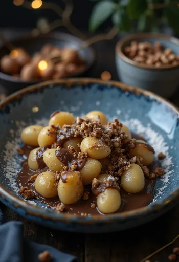 Csokoládékrémes és mogyorós gnocchi tálalva